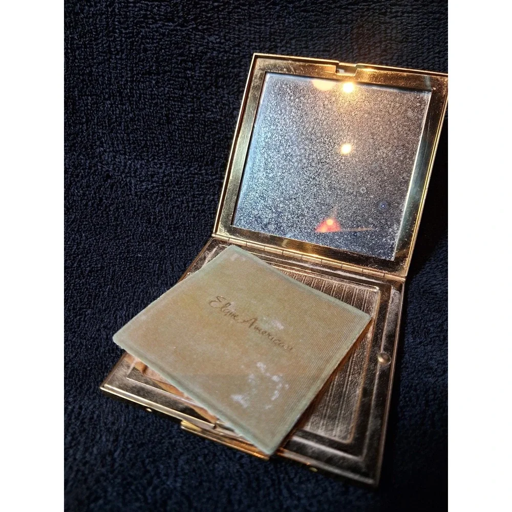 Vintage Elgin American Gold Tone Floral Etched Square Makeup Compact Mirror